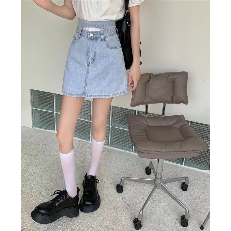 Chân Váy Denim Ngắn Dáng Chữ a Buộc Dây Phong Cách Hàn Quốc Thời Trang Cho Nữ