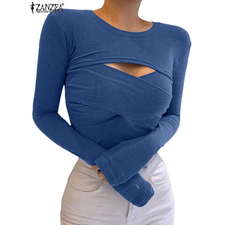 Áo ZANZEA dài tay dáng ôm màu trơn khoét lỗ phong cách Châu Âu thời trang cho nữ
