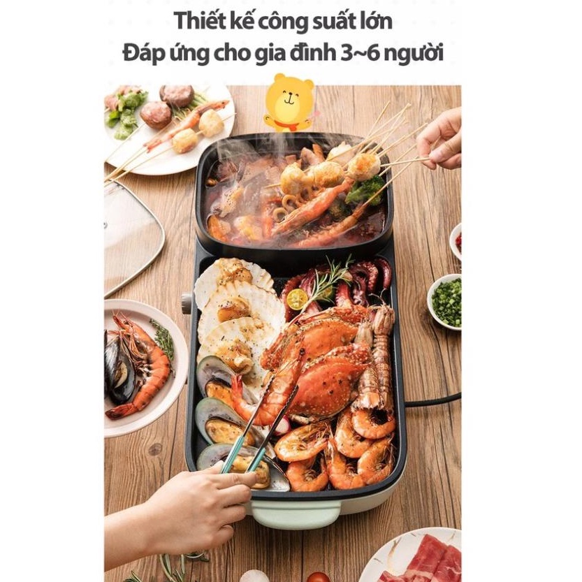 Nồi lẩu điện mini Bếp nướng 2 ngăn đa năng cao cấp chống dính Bear DKL-C15G1, dung tích 3L, BH 18 tháng