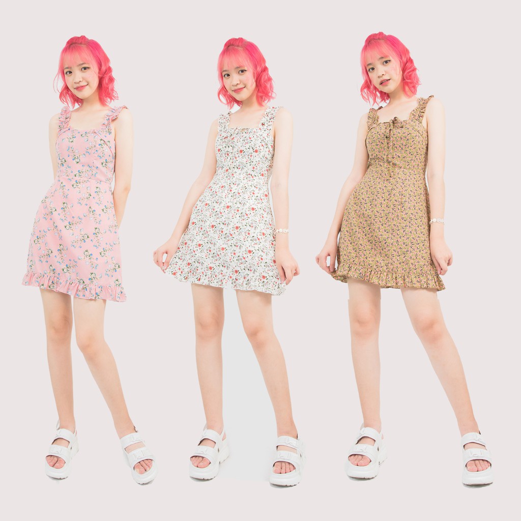 Usthebasic - Đầm nữ String Floral Mini Dress