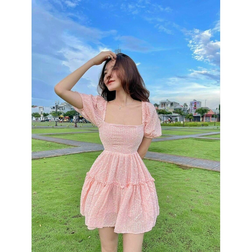 Đầm xòe tay phồng rút dây lưng tiểu thư chất xốp chỉ thái siêu đẹp_vay xop xoe