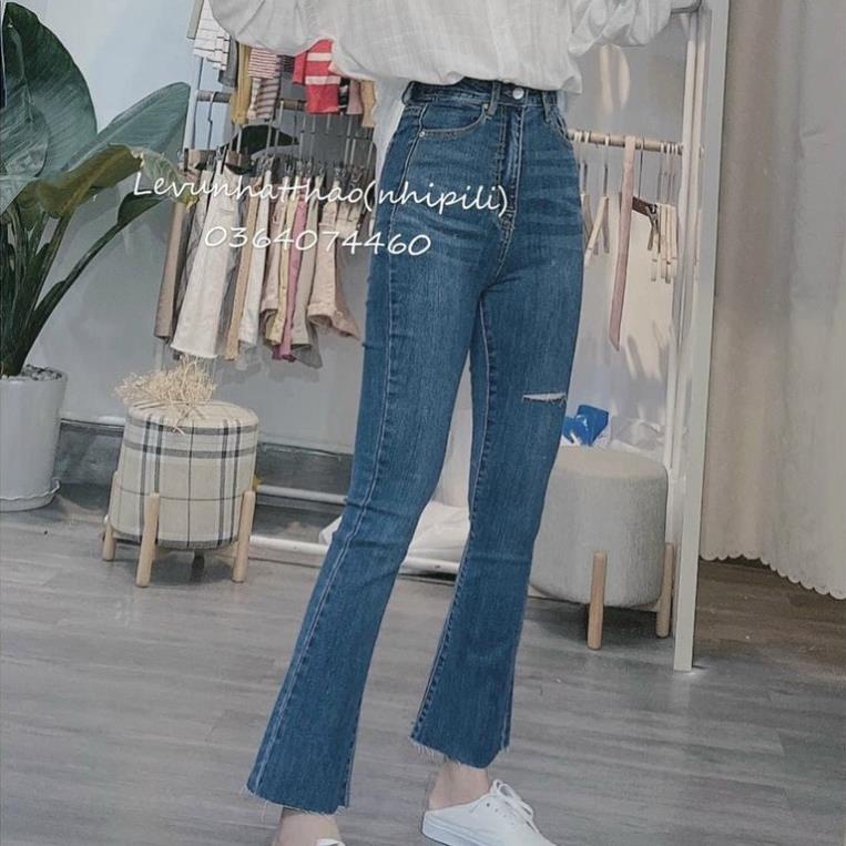 SIÊU SALE Quần jean ống loe rách gối lưng cao trẻ trung