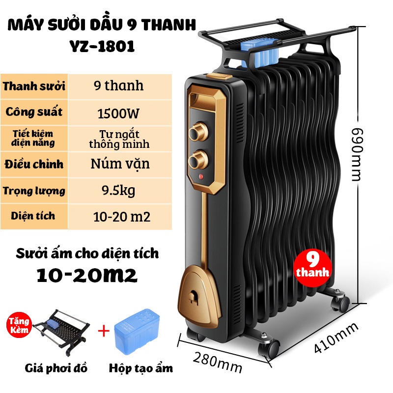 Máy sưởi dầu  Yangzi YL-1809 làm ấm tự nhiên kèm giá phơi làm ấm phòng 10-20m2