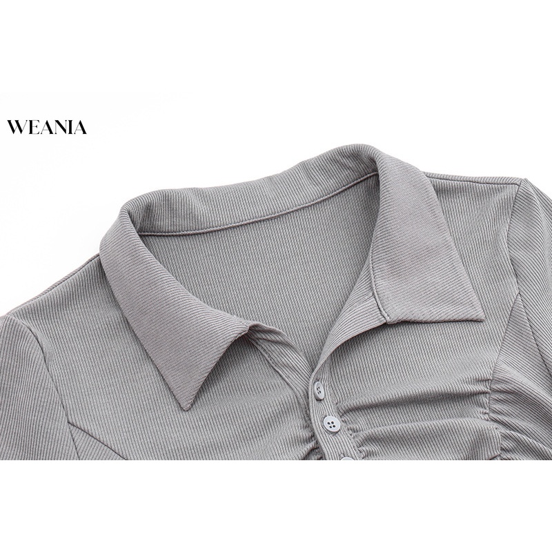 Áo Sơ Mi Croptop Tay Ngắn Cổ Bẻ Thiết Kế Xếp Ly Nữ Tính