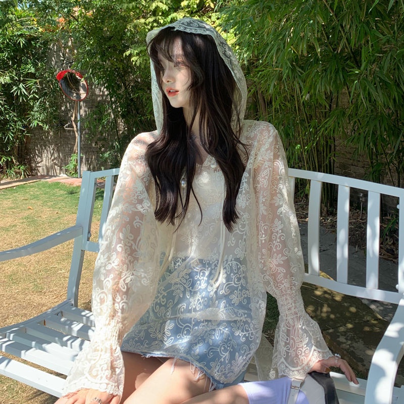 Áo Khoác Ren Lưới Trong Suốt Có Nón Trùm Đầu Chống Nắng Thời Trang Cho Nữ