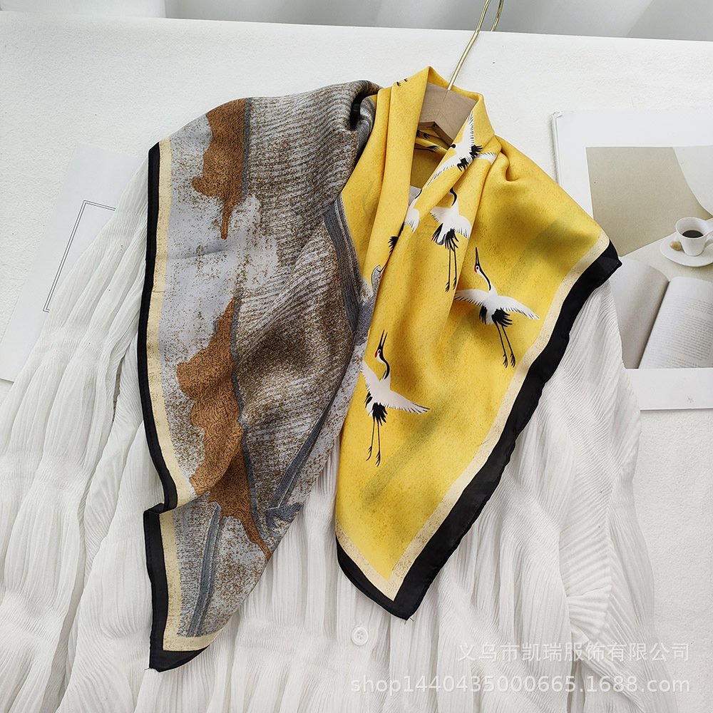 khăn lụa vuông họa tiết -CHIM HẠC-choàng cổ cao cấp 70x70cm Khăn bandana lụa ThyThy,áo choàng-HOT