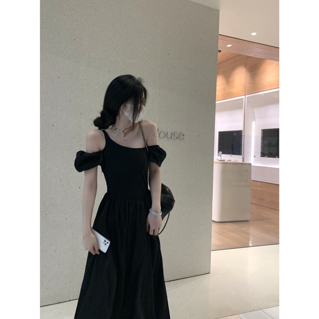 Đầm Trễ Vai Tay Ngắn Màu Đen Thời Trang Quyến Rũ Cho Nữ