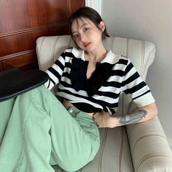 Áo thun polo dệt kim ZHELIHANGFEI dáng rộng kẻ sọc cá tính