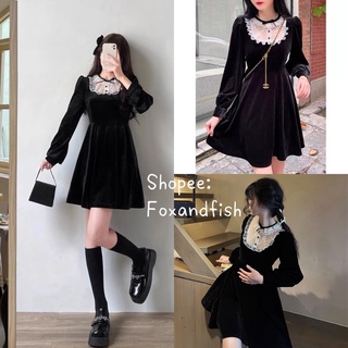 Có sẵn🖤Đầm ulzzang nhung lolita dễ thương cổ ren dáng xoè/ Váy tiểu thư tay bồng xinh xắn babydoll