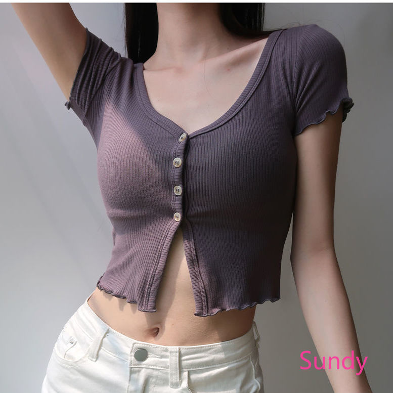 Áo Croptop Cổ Chữ V Phối Nút Thời Trang Mùa Hè Cho Nữ