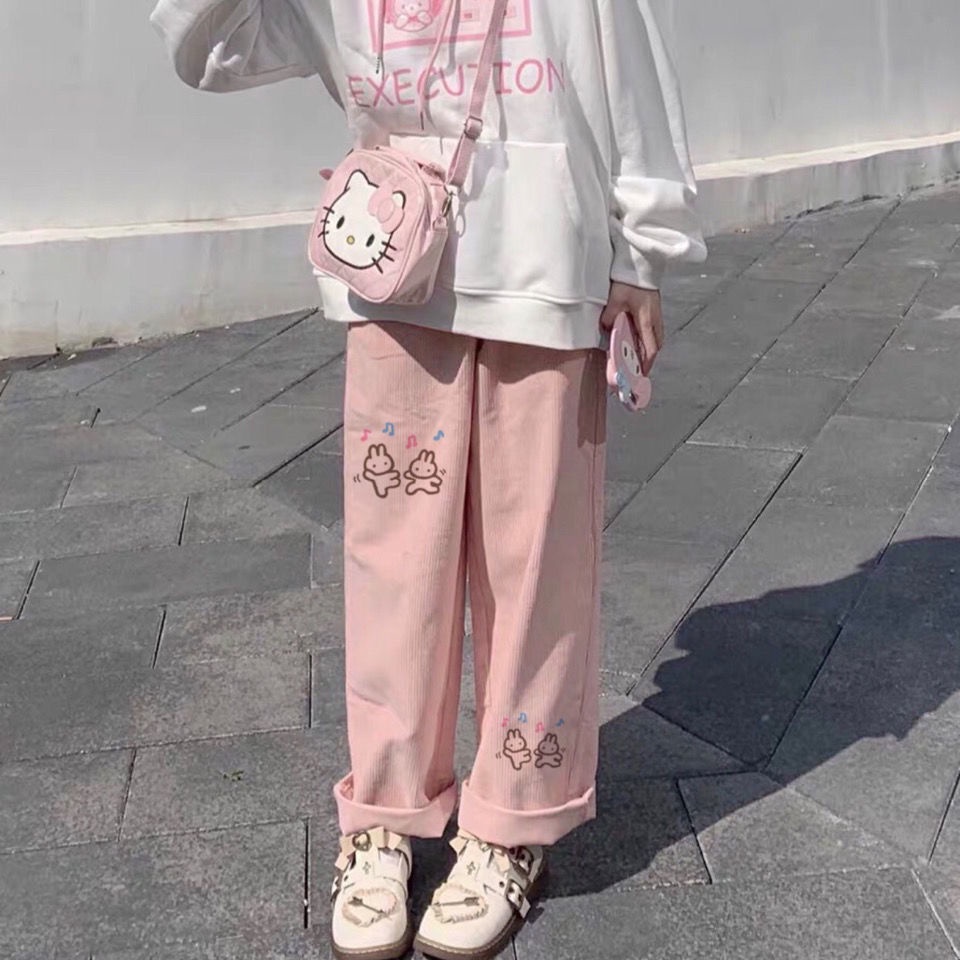 Quần cotton lưng cao ống rộng thời trang mùa thu phong cách Nhật Bản trẻ trung cho nữ