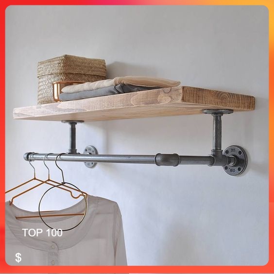 Kệ treo gắn tường gỗ kệ ống nước giá treo quần áo chất liệu ống nước trang trí nhà decor quán cafe thiết kế đọc đáo