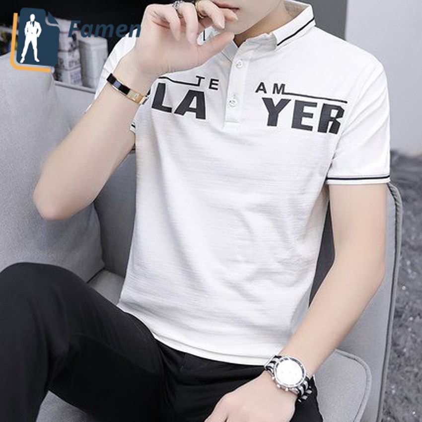 Áo Thun Nam Cổ Trụ Ngắn Tay Hàn Màu Trắng tại shop Famen