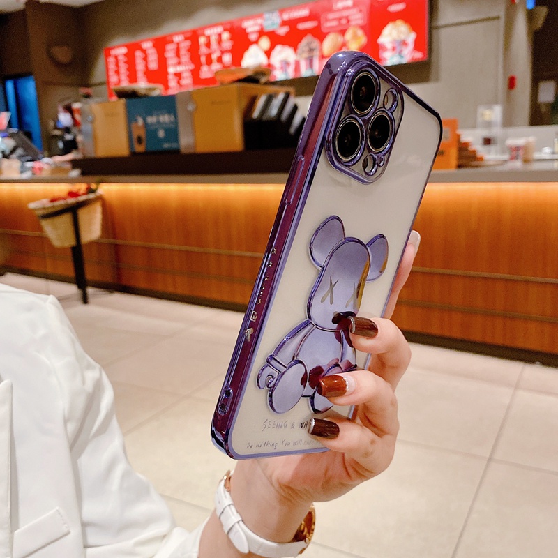 Ốp điện thoại trong suốt mạ viền in hình gấu 3D nổi cho iPhone 13  12  11 X XS 8 7 Plus PRO / MAX