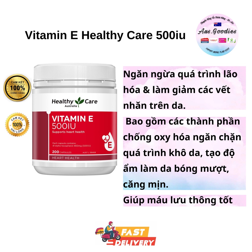Healthy Care vitamin E  - hộp 200 viên 500IU- viên uống đẹp da, hỗ trợ sức khỏe tim mạch