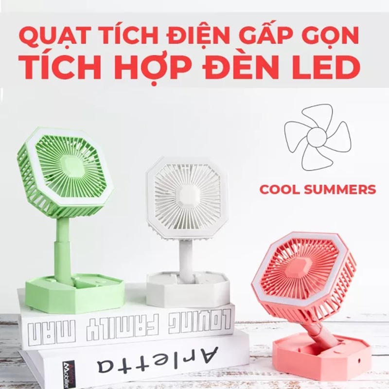 Quạt tích điện mini có đèn led 915, gấp gọn đa năng, quạt tích điện thông minh nhật