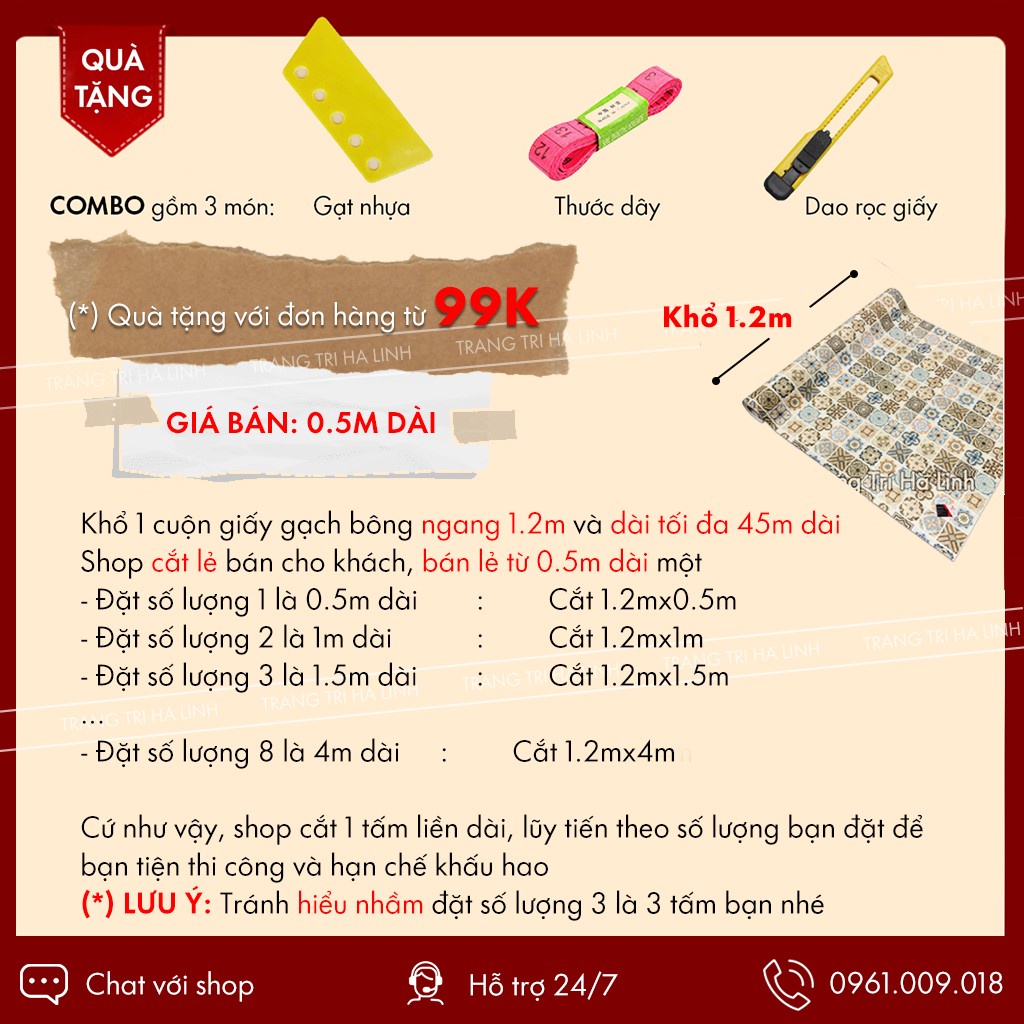 Giấy dán tường gạch bông - decal dán tường họa tiết gạch bông bóc dán 1.2mx0.5m