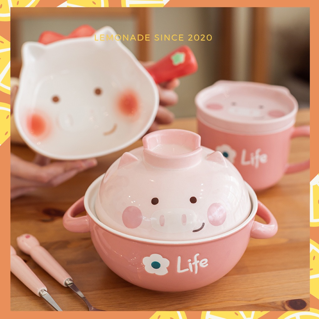 Tô bát mì ăn liền bằng gốm sứ hình mèo, gấu, lợn dễ thương có nắp đậy hai tay cầm tiện lợi cho văn phòng, ký túc xá