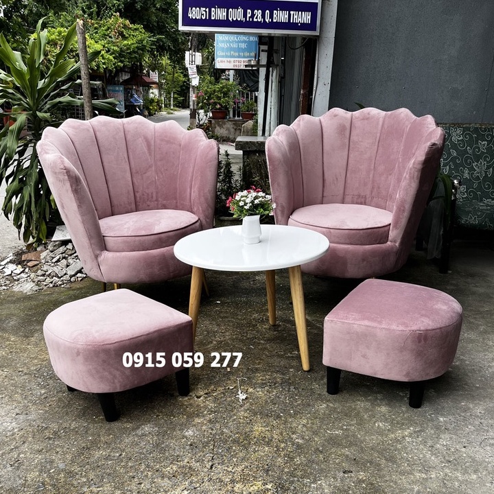 Ghế sofa đơn nhỏ hình sò chất nhung mịn cao cấp chân mạ vàng màu hồng phấn