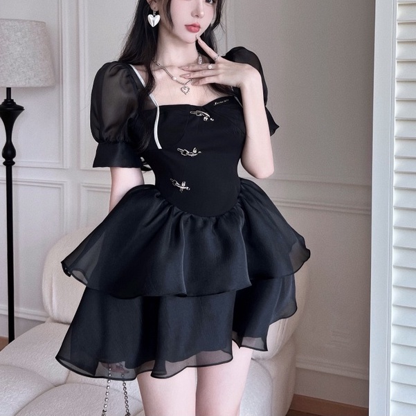 Đầm Tay Ngắn Dáng Chữ A Phối Lưới Màu Đen Phong Cách Hàn Quốc Thời Trang Mùa Hè Xinh Xắn Cho Nữ