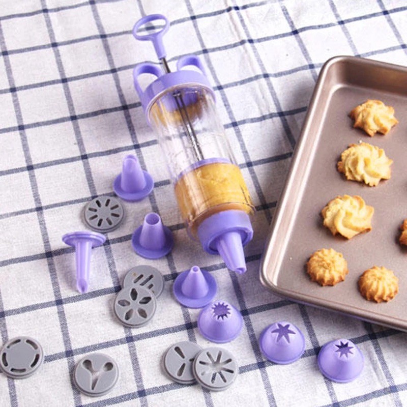 Bộ nhấn bánh quy Cookies Press nhựa tím (10 mặt nhấn + 8 đui bắt kem)