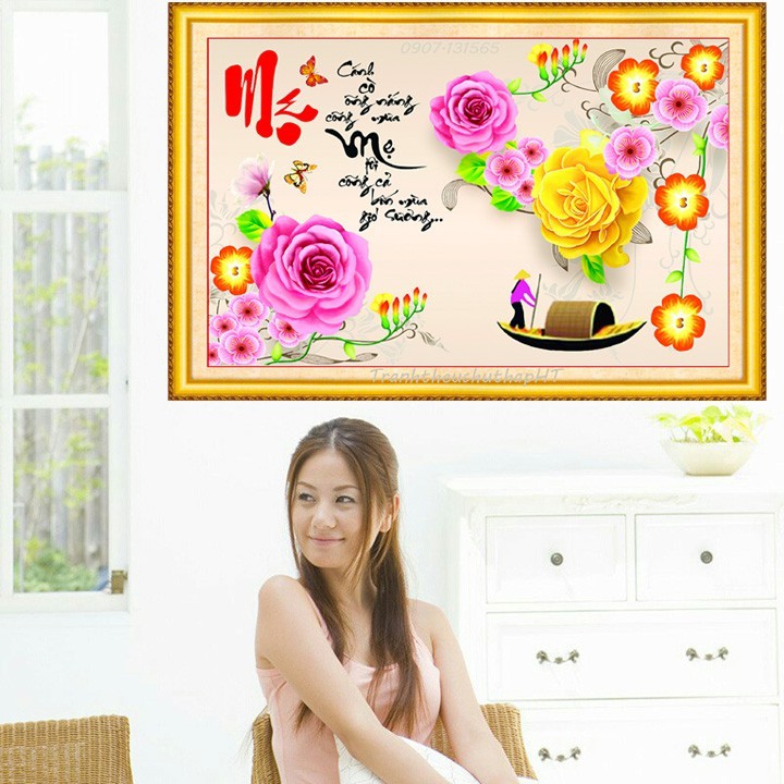 Tranh đính đá Mẹ tôi cõng cả bốn mùa gió sương 90x53cm VS177