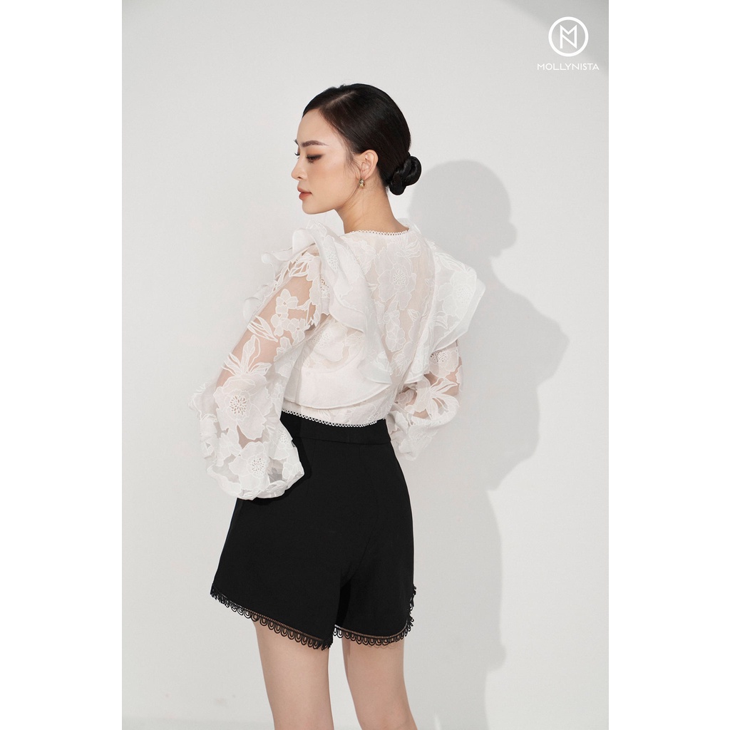 MOLLYNISTA - Áo Maria trắng ren hoa cổ bèo tay phồng quyến rũ nữ tính thiết kế cao cấp đi chơi đi tiệc gợi cảm