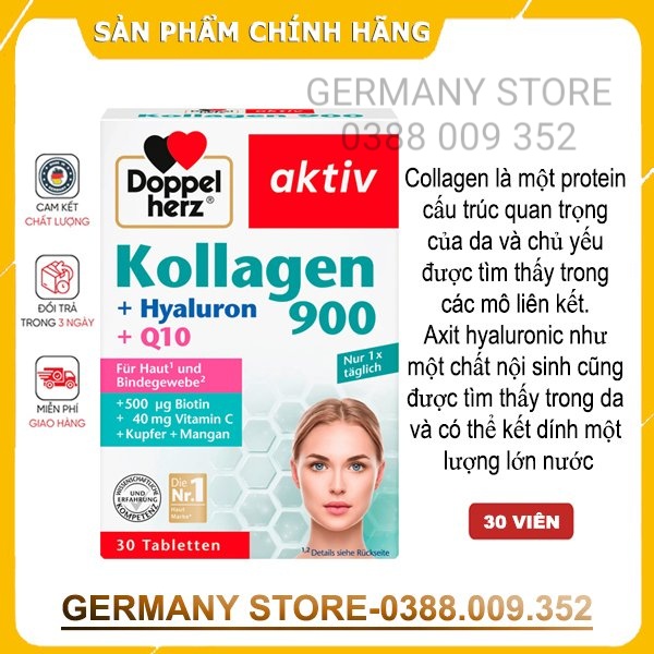 Doppelherz Aktiv Kollagen 1000, 900+Hyaluron+Q10, 30 viên, hàng Đức nội địa
