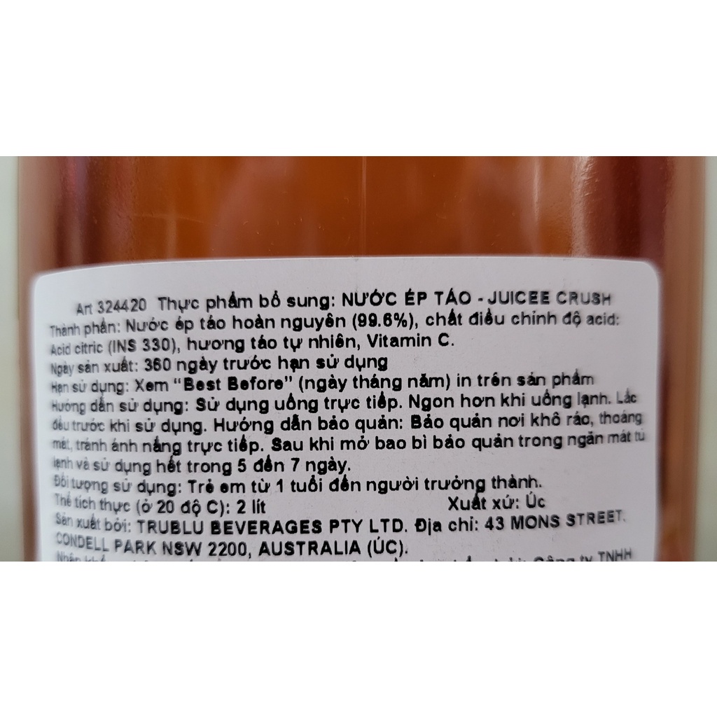 [Bình 2 Lít] NƯỚC ÉP TÁO [Australia] JUICEE CRUSH Apple Juice
