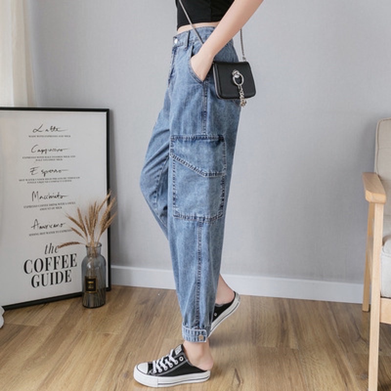 Quần Jeans Nữ, Quần Baggy Jeans Lưng Cao Túi Hộp Ống Bo Túm Jogger Cạp Cao Form Ulzzang Phong Cách Thời Trang