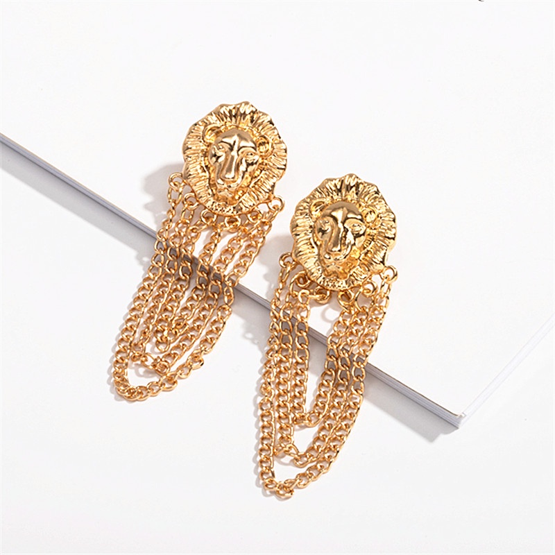 Bông Tai Kim Loại Hình Đầu Sư Tử Phối Dây Xích Dáng Dài Phong Cách Hip Hop Thời Trang Cho Nữ