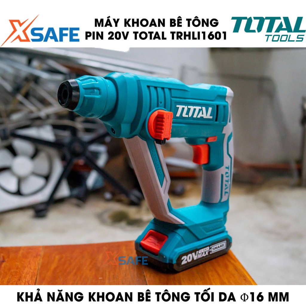 Máy khoan bê tông dùng pin 20V TOTAL TRHLI1601 tốc độ 900rpm, tốc độ búa 5100bpm khả năng khoan 16mm, không kèm pin sạc