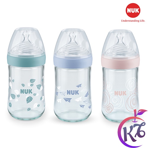 Bình sữa thủy tinh cổ rộng NUK Nature Sense 240ml ty Silicone 1M - NU21498 (3 màu) - bình sữa cổ rộng cho bé