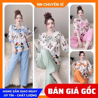 Đồ bộ nữ mặc nhà cổ bèo tiểu thư chất kate mềm mịn mát in hình chuột mickey in hình hoạt hình dễ thương DBKIHTN60