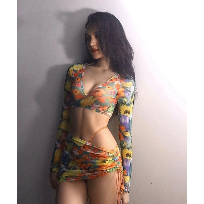 [BKN1364] <ÂU> SET BIKINI 3 MÓN ÁO DÀI TAY, QUẦN THONG, CHÂN VÁY RÚT HOA HƯỚNG DƯƠNG VÀNG | BigBuy360 - bigbuy360.vn