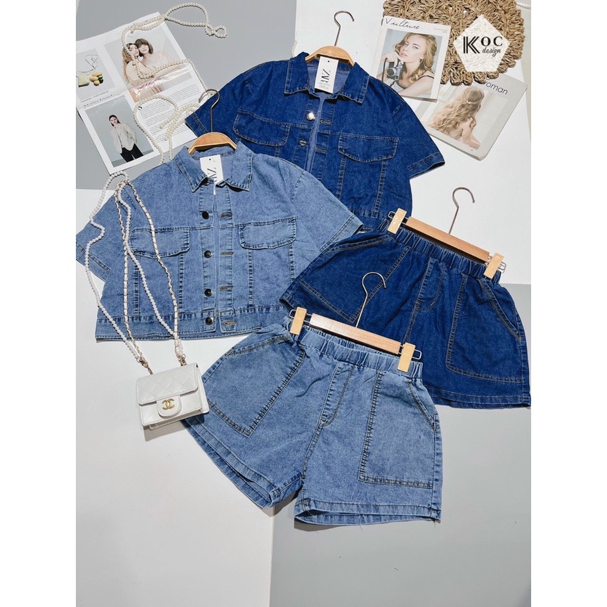 Set bộ jeans áo sơ mi tay ngắn túi ngực phối quần short cạp cao cực kì trẻ trung