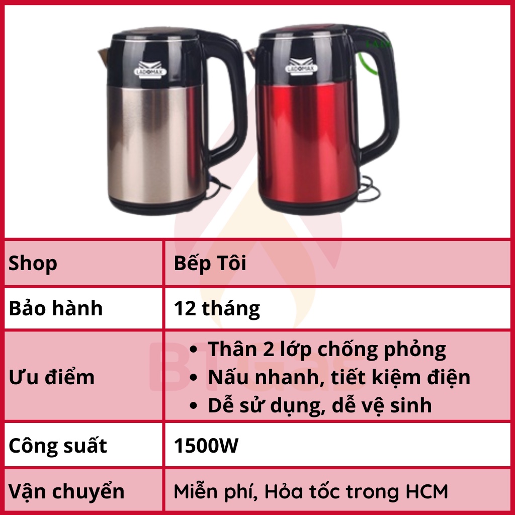 Bình đun siêu tốc, ấm siêu tốc đun nước siêu nhanh Inox 2 lớp chống phỏng Ladomax HA-888 2.5L