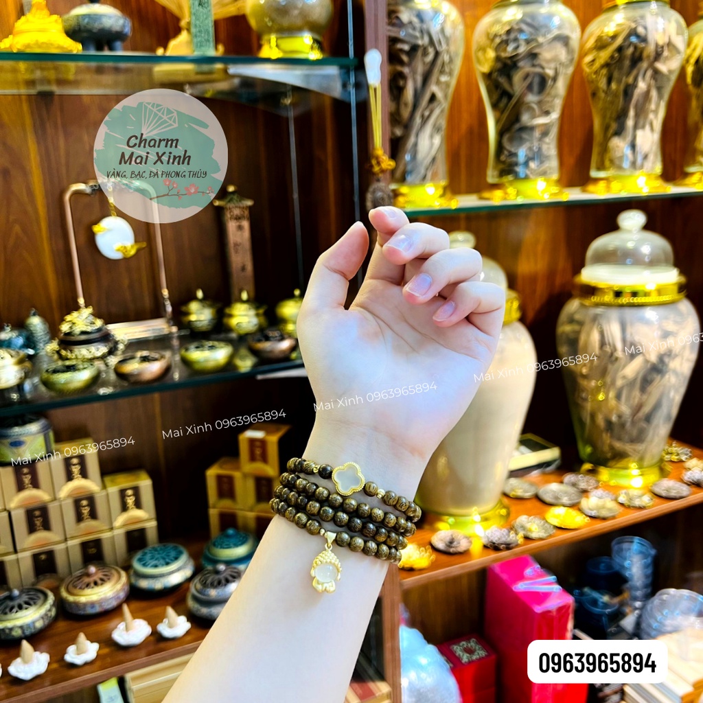 Chuỗi Trầm Hương Tốc &amp; Sánh Chìm 108 Hạt Phối Charm Hoa  + Móc treo Diện Phật - Vòng Tay Hoa Gỗ tự nhiên Nam Nữ
