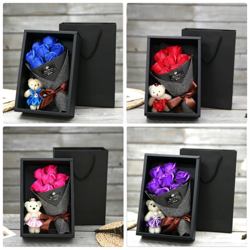 Hộp Hoa Hồng Sáp 7 Bông Có Gấu