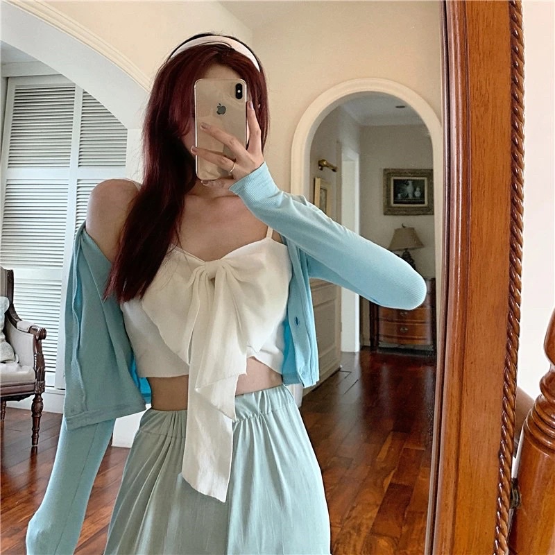 Áo Hai Dây Nơ To Nữ Màu Xanh, Trắng, Hồng Croptop Chất Mongtoghi Dệt Kim Siêu Co Dãn Loại 1 Sexy Tiểu Thư Hàn Quốc