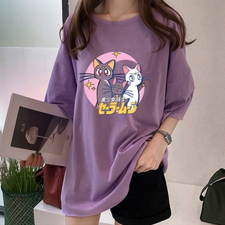 Baju Quần Áo Nữ Và Quần Áo Hoạt Hình Hàn Quốc Áo Thủy Thủ Mặt Trăng In Plus Kích Thước Rời Tay Ngắn Áo Thun / Tee