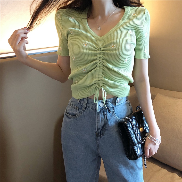Áo Thun Dệt Kim Tay Ngắn / Ngắn Cổ Chữ v Phối Dây Rút Thời Trang Mùa Hè Mới 2022 Cho Nữ