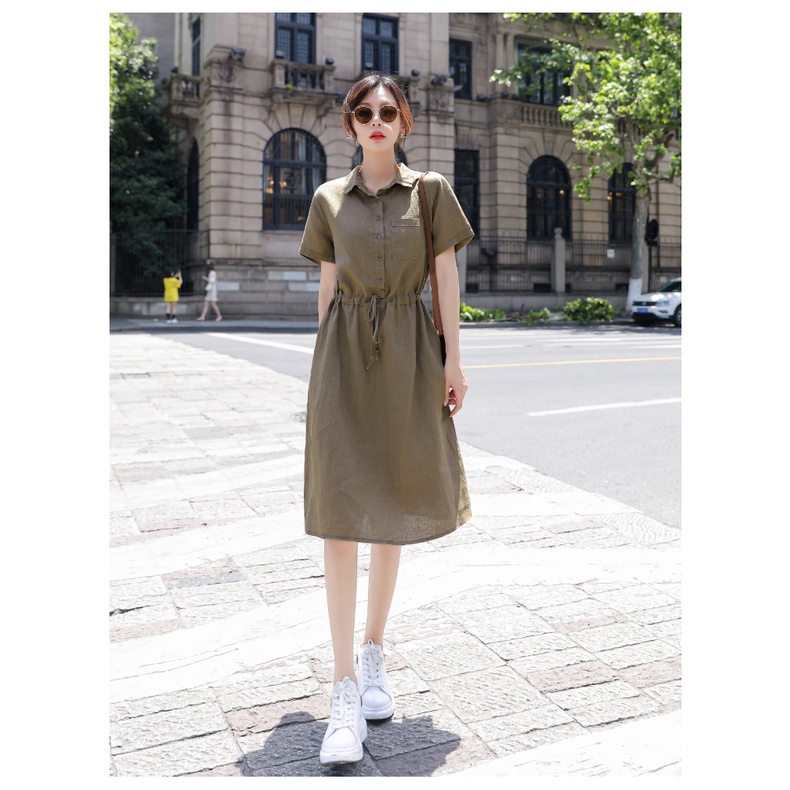 Đầm VÁY SƠ MI dáng suông CỔ ĐỨC 2 túi sườn thiết kế dây RÚT CHUN EO DÁNG VINTAGE