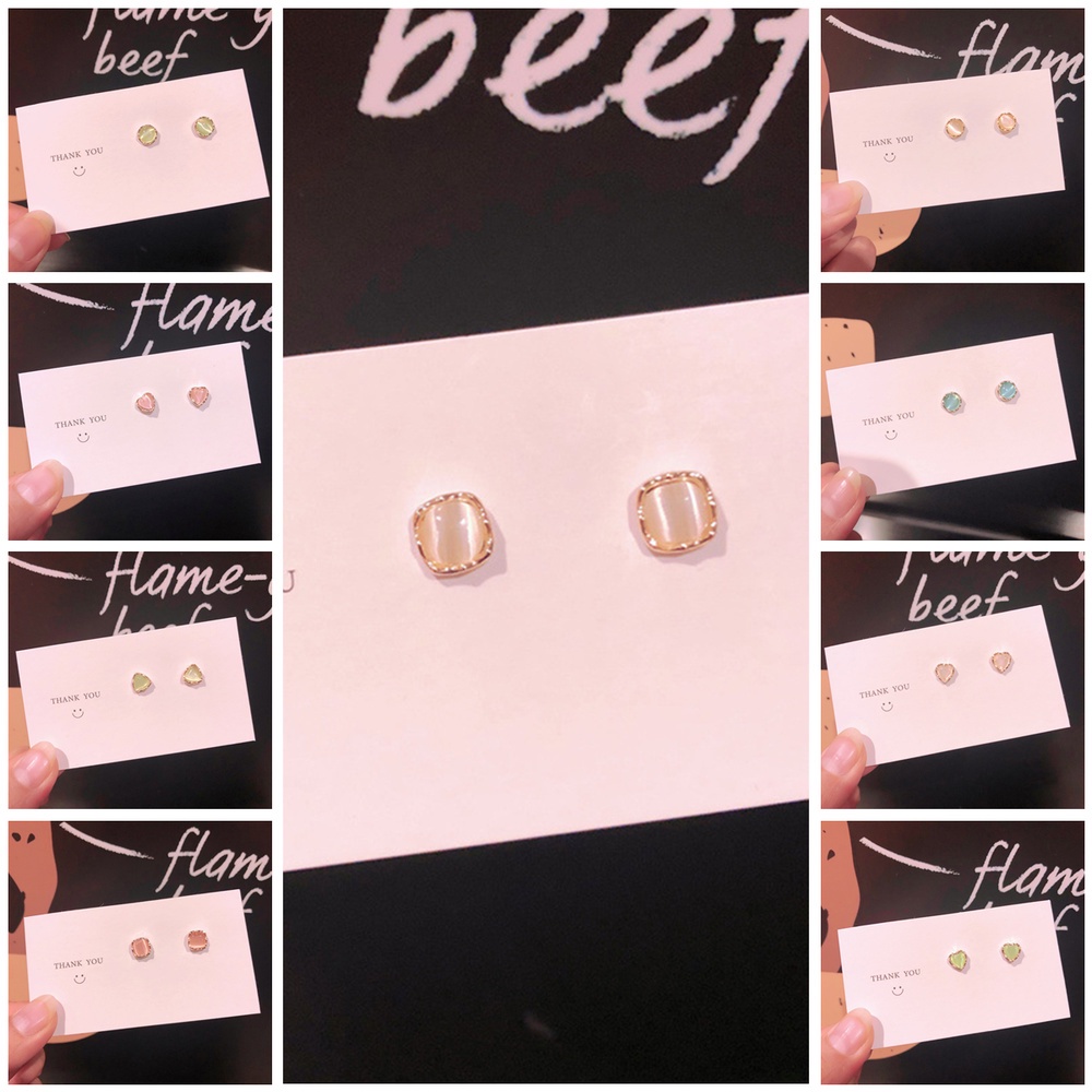 Khuyên tai mạ bạc 925 hình trái tim mắt mèo đáng yêu thời trang kiểu Hàn