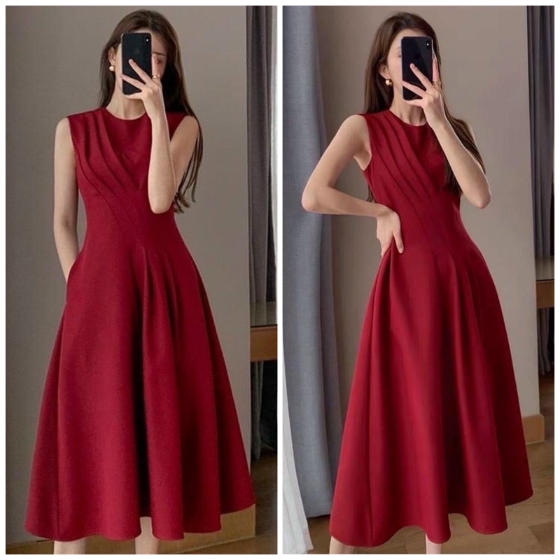 Đầm đỏ cổ tròn xếp li xéo