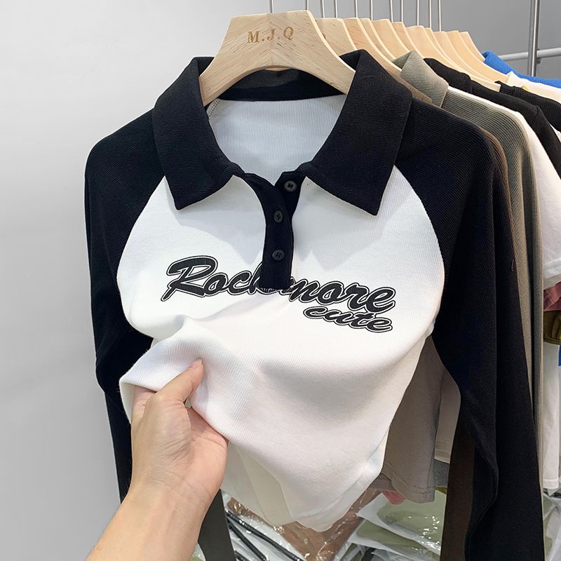 Áo Thun Nữ Tay Dài Cổ polo Màu Trơn Phong Cách Retro
