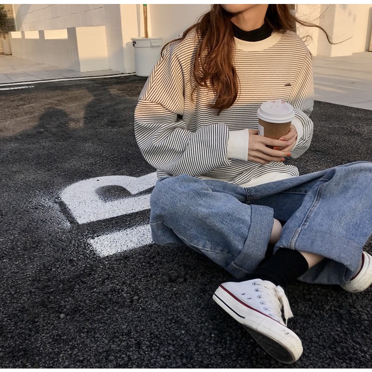 SUXI  Áo Thun Nữ Dài Tay Cổ Tròn Thời Trang Hàn Quốc