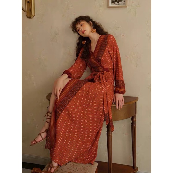 Váy boho chấm bi màu cam