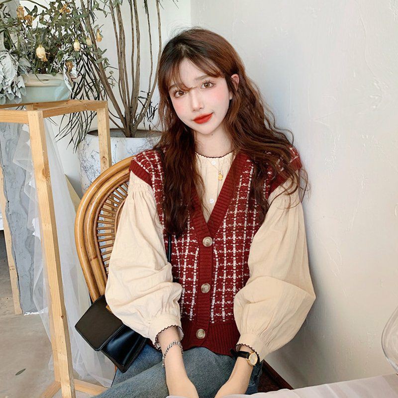 Hàng Sẵn_Set áo gile cardigan đa năng mix sọc retro phong cách Vintage