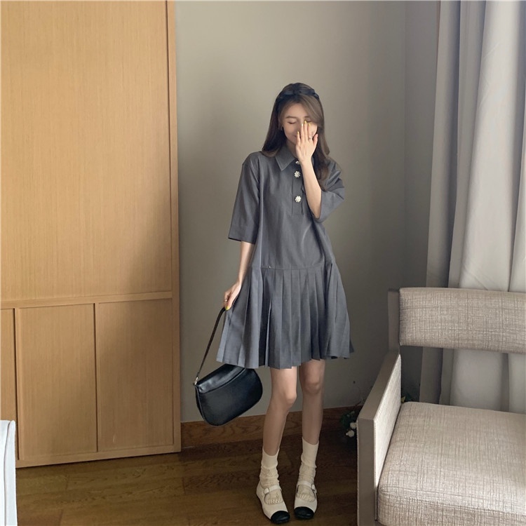 Đầm sơ mi trơn ngắn tay xếp ly tiểu thư phong cách Hàn Quốc